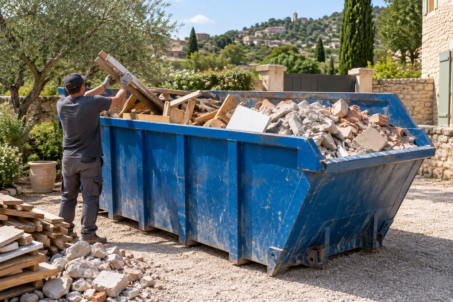 Benne à déchets sur un chantier de rénovation